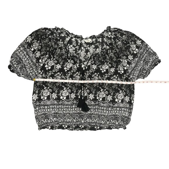 Lucky Brand Women's Boho Peasant Top Size L Black White Floral Print Tassel Tie - Picture 4 of 10